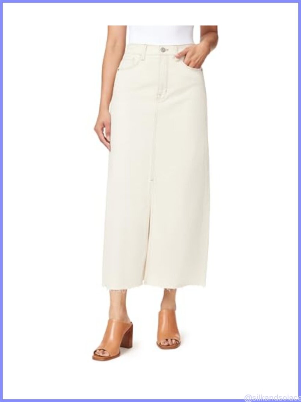 High Rise Frayed Hem Front Slit Maxi Jean Skirt Calf Length Denim